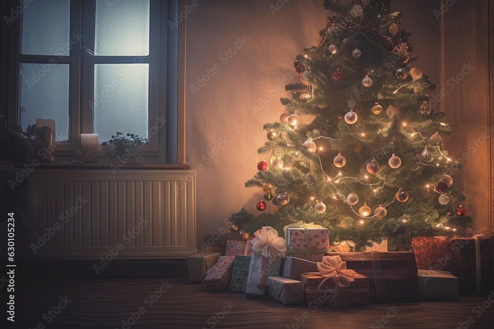 Christmas tree with gifts in the interior of the room with a window, cozy modd, happy new year, merry christmass, magic time.
