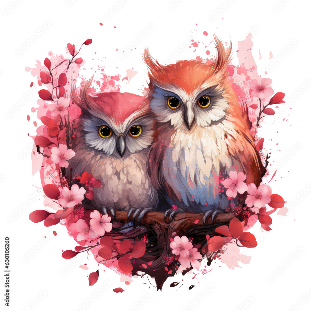A heartwarming owl t-shirt design featuring an owl family nestled in a cozy nest, surrounded by blooming cherry blossom trees in full bloom, Generative Ai