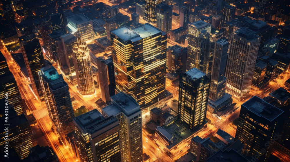 Obraz premium A cityscape is captured from the perspective of a drone