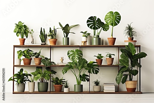 Monstera deliciosa, zamioculcas, and ficus plants arranged on a white background, with shelves mounted on the wall.