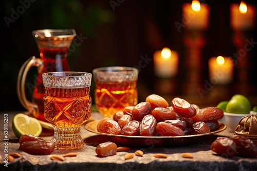 On 23 February 2023, capture the essence of Iftar Ramadan at home with a delectable spread of sweet beverages, jelly, dates, and pistachio nuts, creating a captivating image with a blurred background