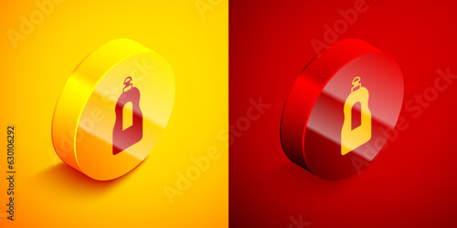 Isometric Dishwashing liquid bottle icon isolated on orange and red background. Liquid detergent for washing dishes. Circle button. Vector