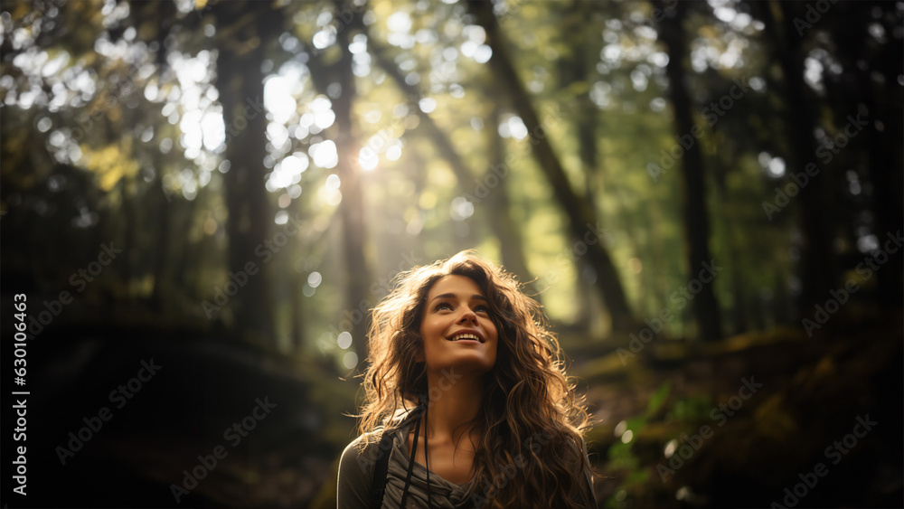 Young brunette woman standing in a forest looking up to the sky, AI Generated Young brunette woman standing in a forest looking up to the sky, AI Generated