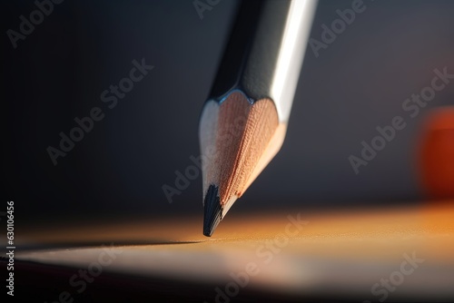 Close up of a pencil on a book, art, writing, school, office supplies. photo