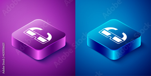 Isometric 3D cinema glasses icon isolated on blue and purple background. Square button. Vector