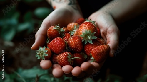 Strawberries holding in hands, created with Generative AI technology.