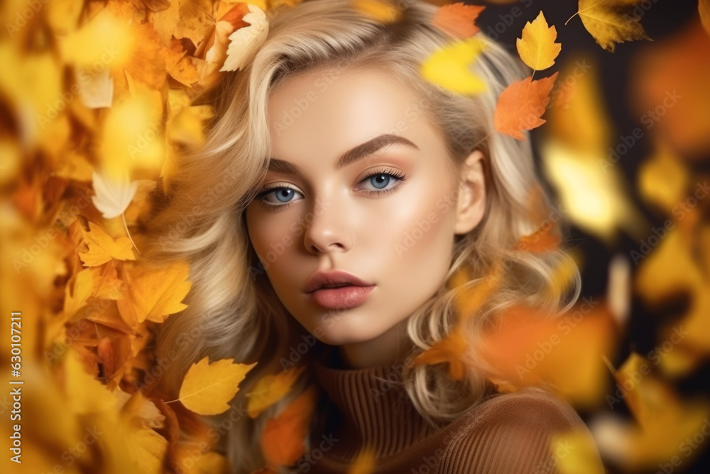 Autumn girl with yellow fall leaves on blurred nature background Autumn girl with yellow fall leaves on blurred nature background