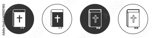 Black Holy bible book icon isolated on white background. Circle button. Vector