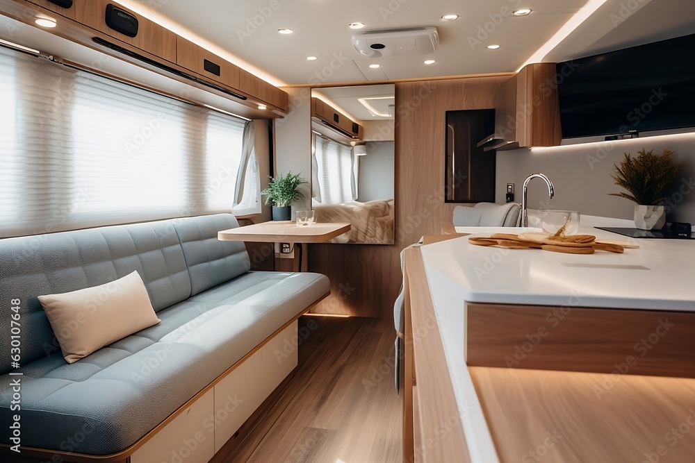 Fototapeta premium Relaxation areas for road travel. Modern Interior of motor home camping car, furnishing decor of salon area, comfortable modern caravan house design. Travelling entertainment concept. Generative AI