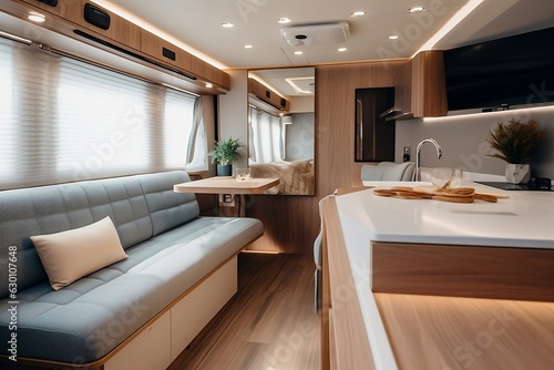 Relaxation areas for road travel. Modern Interior of motor home camping car  furnishing decor of salon area  comfortable modern caravan house design. Travelling entertainment concept. Generative AI