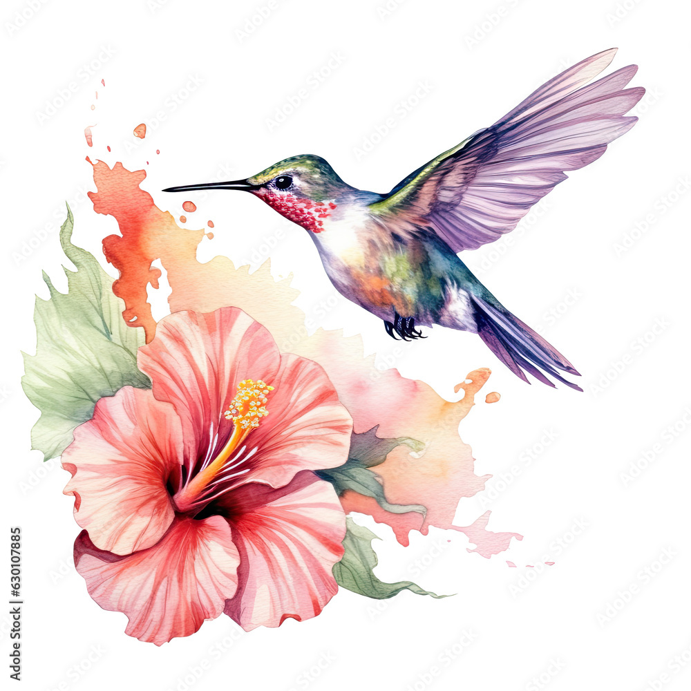 Fototapeta premium Watercolor marker tropical flower background with humminbird colibri birds.