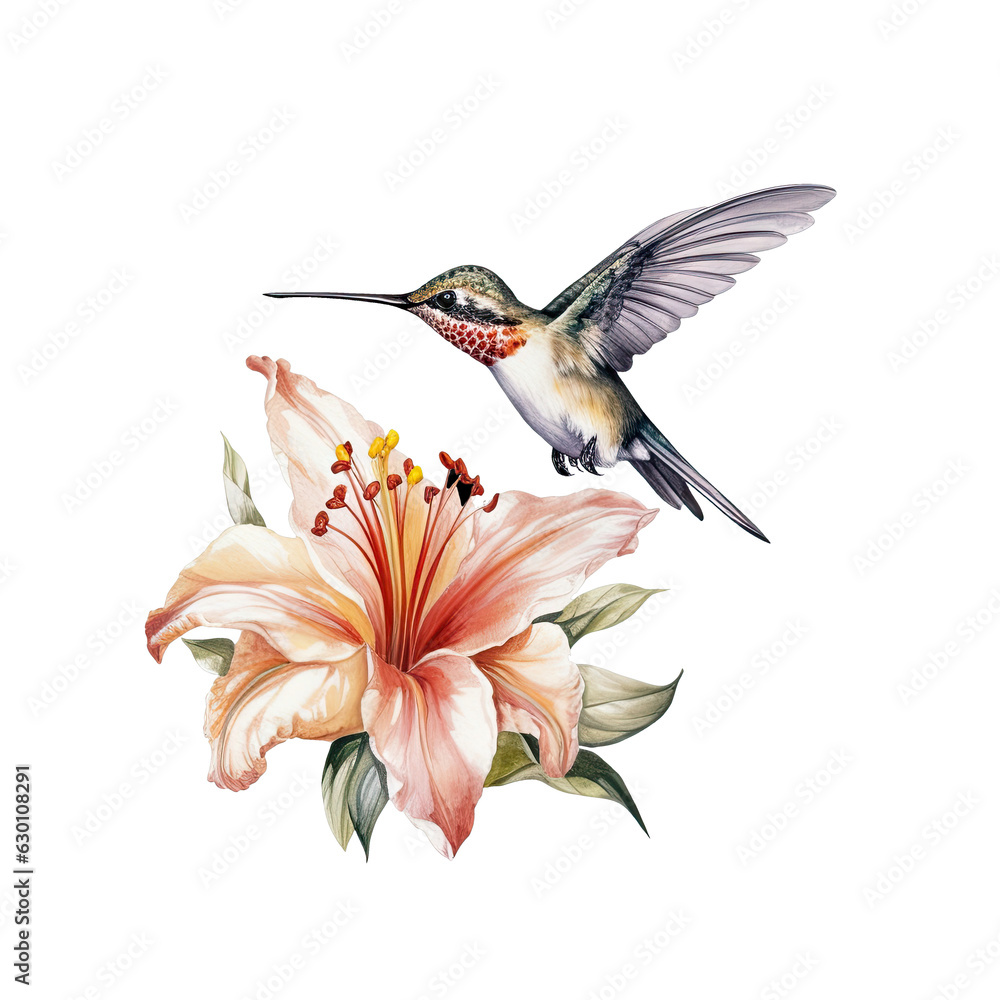 Fototapeta premium Watercolor marker tropical flower background with humminbird colibri birds.