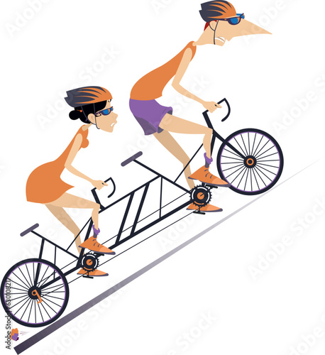 Tired cyclists man and woman riding on tandem bike.
Tired cyclists man and woman on the tandem bike overcoming a steep ascent 
