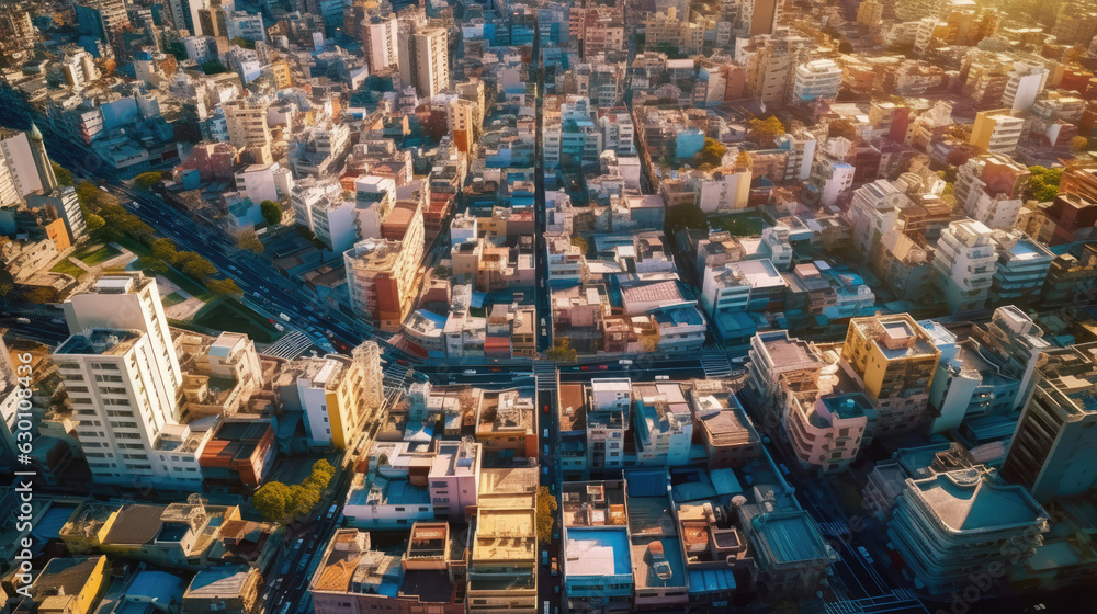 Fototapeta premium A cityscape is captured from the perspective of a drone
