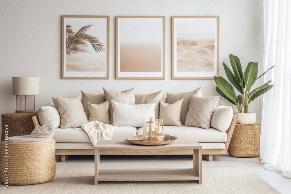 In a modern home decor setting, there is a fashionable interior that features a design neutral modular sofa, mock up poster frames, a rattan armchair, coffee tables, a vase of dried flowers, various In a modern home decor setting, there is a fashionable interior that features a design neutral modular sofa, mock up poster frames, a rattan armchair, coffee tables, a vase of dried flowers, various