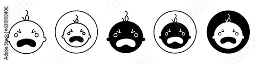 Baby crying symbol icon. Doodle vector set collection of kid child or infant cry and tear pain of babe boy or girl shows upset or angry emotional web app ui icon. Outlined flat sad face screaming 