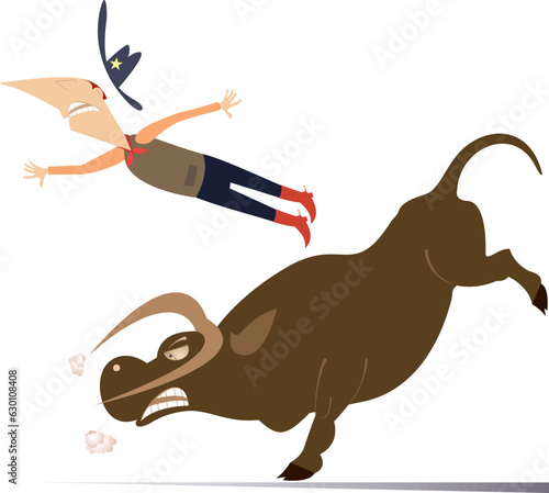 Rodeo. Farmer or cowboy and angry bull. 
Farmer or cowboy falling from the angry bull. Isolated on white background
