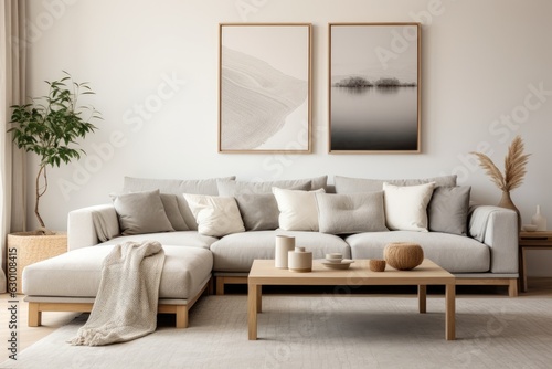 In a modern home decor, the living room boasts a fashionable interior featuring a modular sofa with a sleek design, stylish furniture pieces, a wooden coffee table, decorative rattan elements, a mock © 2rogan