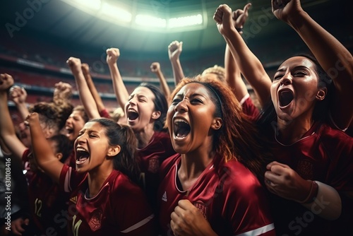 A group of girls - a female football sports team in red uniform cheering because of victory in a game after making a goal at the stadium or a soccer field. Generative AI technology