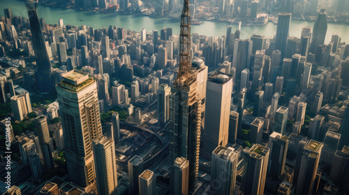 A cityscape is captured from the perspective of a drone