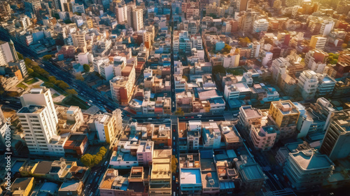 A cityscape is captured from the perspective of a drone