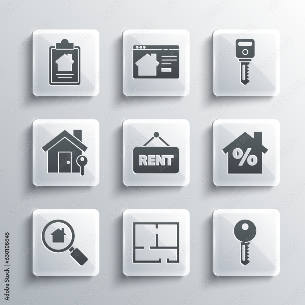 Set House plan, key, with percant discount, Hanging sign Rent, Search house, contract and icon. Vector Set House plan, key, with percant discount, Hanging sign Rent, Search house, contract and icon. Vector