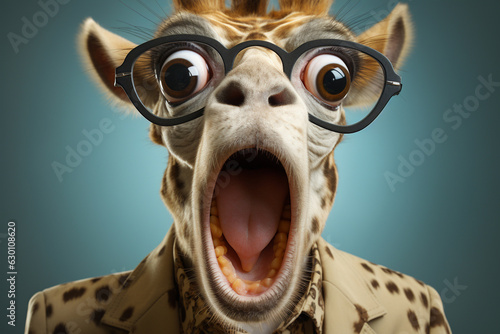 Portrait Banner for Website of surprised amazed giraffe pet with a curious face with open mouth at on blue background. Website banner concept. Advertising postcards, notebooks Generative AI Technology