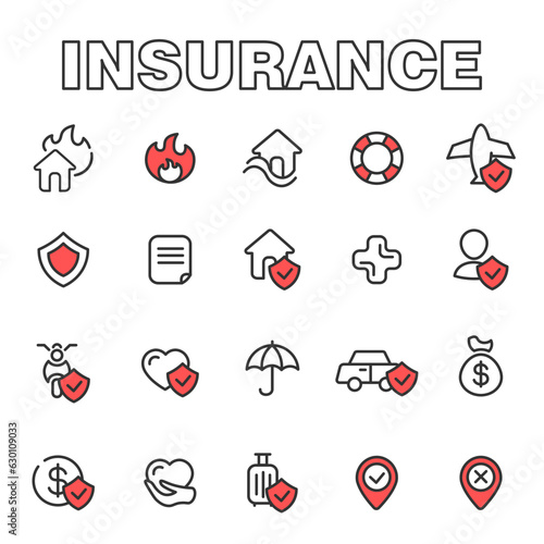 Set of insurance and guarantee icons. Contains icons of health insurance, life, car, home, travel insurance. Vector illustration
