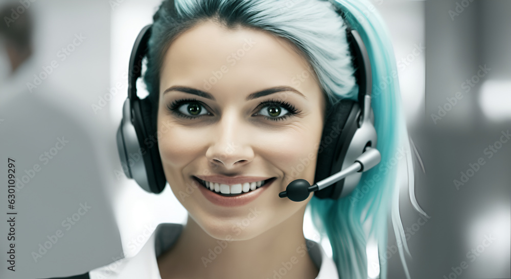 Beautiful girl with blue hair working in customer service Beautiful girl with blue hair working in customer service