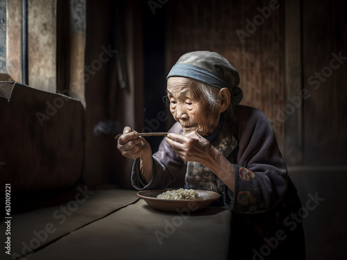 Old Chinese woman eating rice in her hut, Ai Generated