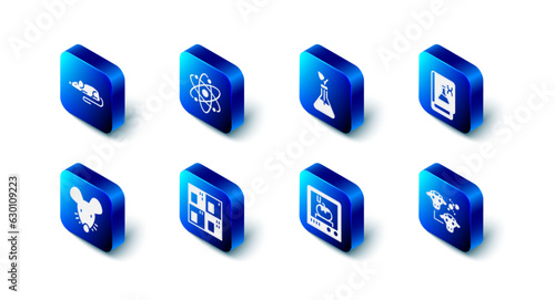 Set Atom, Plant breeding, Genetic engineering book, Cloning, 3D printing technology, Periodic table, Experimental mouse and icon. Vector