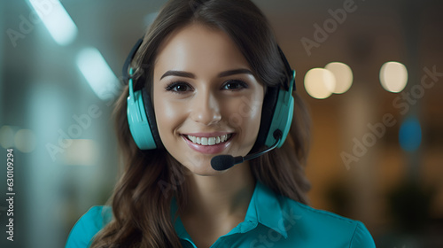 A young girl with headphones and a microphone working in a call center