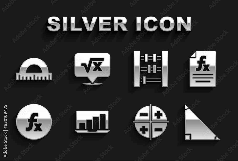 Set Laptop with graph chart, Function mathematical symbol, Triangle, XYZ Coordinate system, Abacus, Protractor and Square root of x glyph icon. Vector