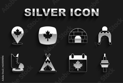 Set Indian teepee or wigwam, Winter hat, TV CN Tower Toronto, Canada day with maple leaf, Skates, Igloo ice house, Canadian and icon. Vector