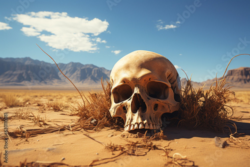 White skull of human with teeth left on desert sand of tropical paradise uninhabited rocky island. High mountains on the background. Mystery adventure story concept. Generative AI Technology