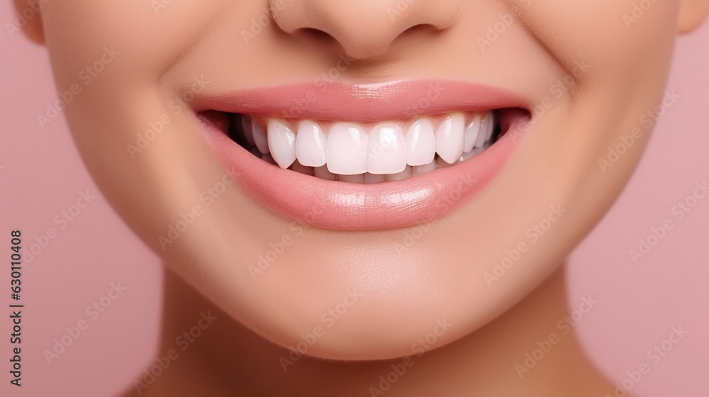 Obraz premium Beautiful wide smile of healthy woman, white teeth close up, dentist tooth whitening. 