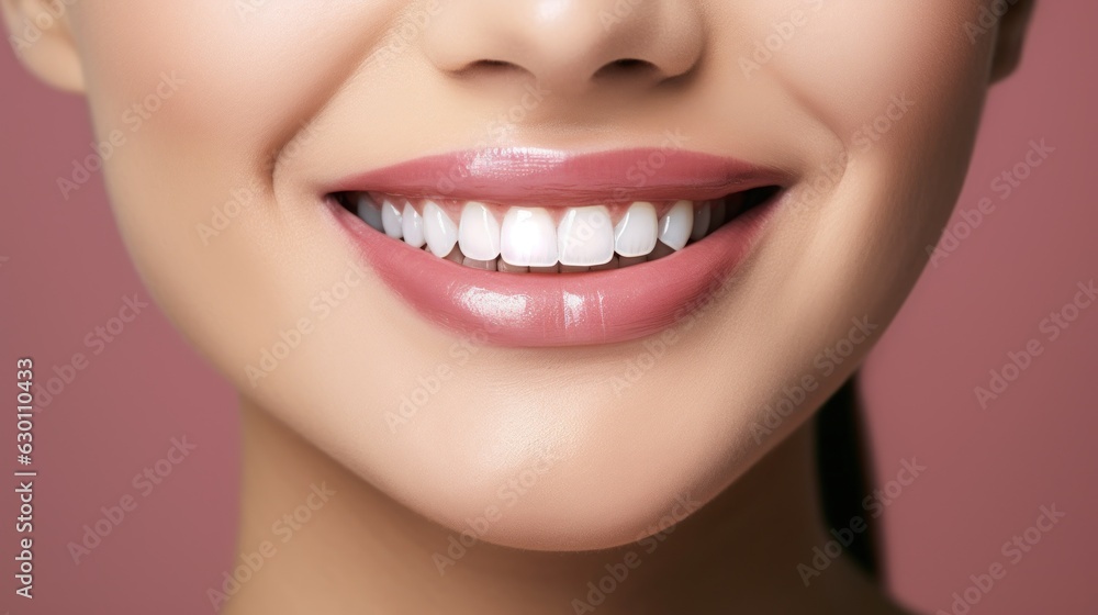 Fototapeta premium Beautiful wide smile of healthy woman, white teeth close up, dentist tooth whitening.