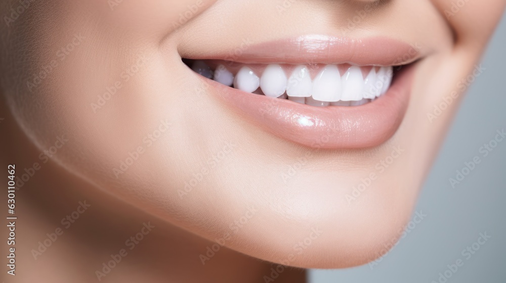 Beautiful wide smile of healthy woman, white teeth close up, dentist tooth whitening. Generative AI Beautiful wide smile of healthy woman, white teeth close up, dentist tooth whitening. Generative AI