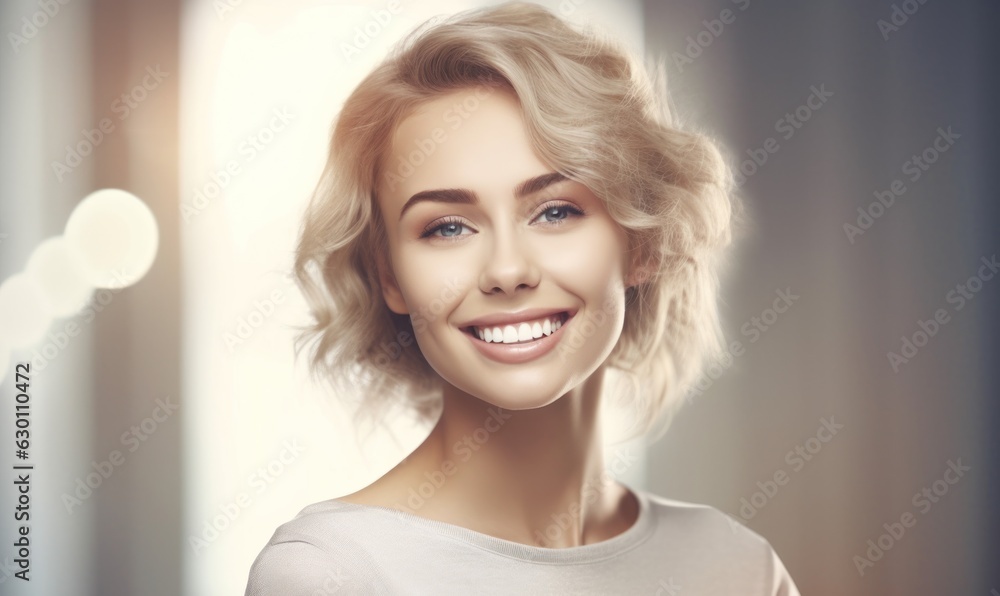 Beautiful wide smile of healthy woman, white teeth close up, dentist tooth whitening. Generative AI Beautiful wide smile of healthy woman, white teeth close up, dentist tooth whitening. Generative AI