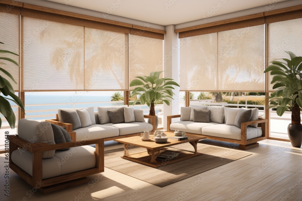 Interior roller blinds are used to cover the windows, and there are automatic solar shades in a bigger size for the windows. The living room consists of sofas and palm trees, creating a pleasant