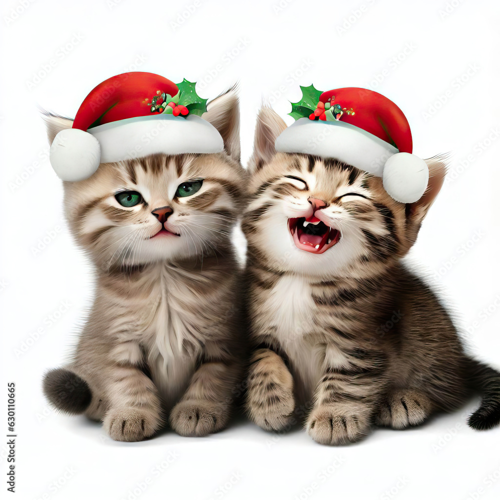 Feline Festivity: Cats in Santa Hats Illustration on White, Generative AI Feline Festivity: Cats in Santa Hats Illustration on White, Generative AI