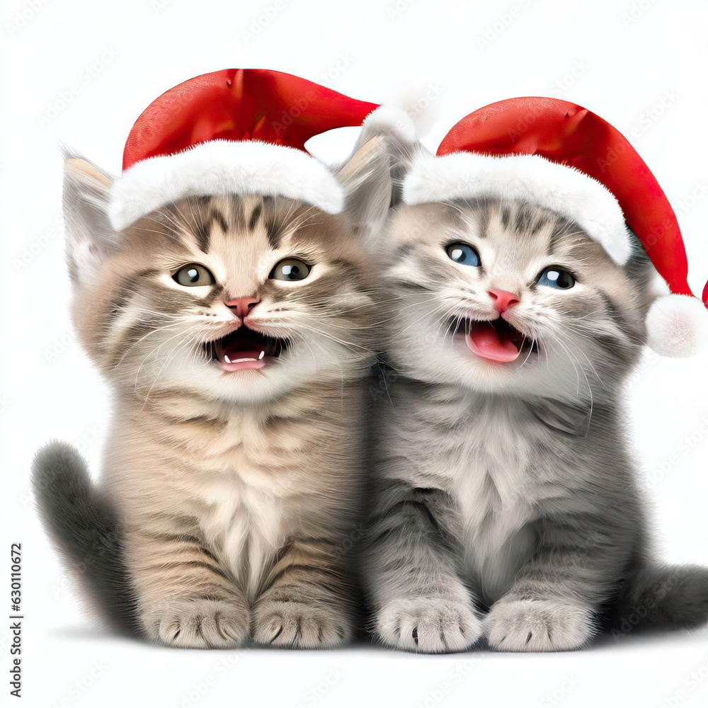 Feline Festivity: Cats in Santa Hats Illustration on White, Generative AI Feline Festivity: Cats in Santa Hats Illustration on White, Generative AI