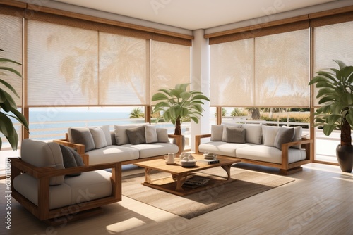 Interior roller blinds are used to cover the windows, and there are automatic solar shades in a bigger size for the windows. The living room consists of sofas and palm trees, creating a pleasant photo