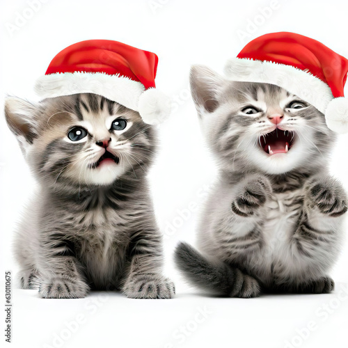 Feline Festivity: Cats in Santa Hats Illustration on White, Generative AI © faical