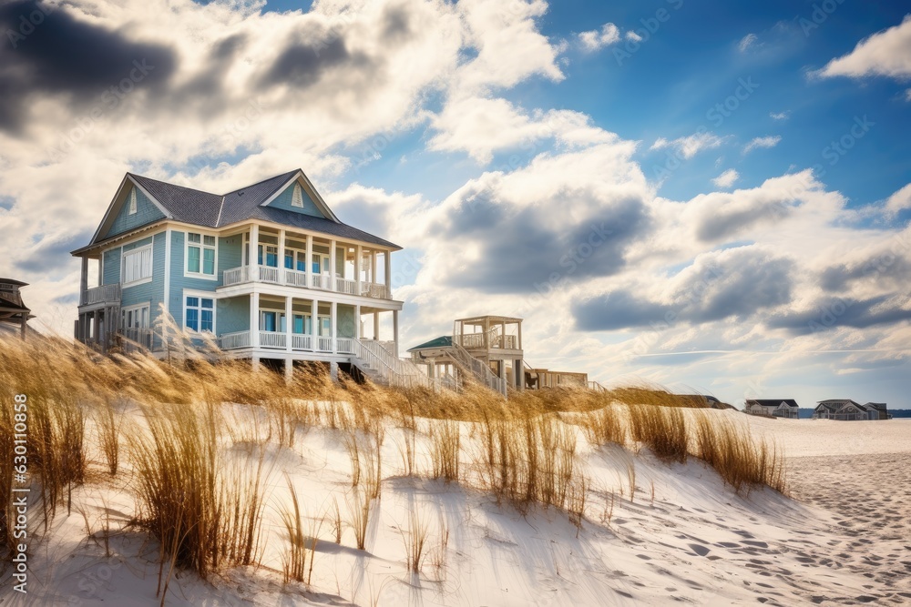 In Destin, Florida, you will find stunning white sand dunes adorned with grasses, stretching out in front of charming three story beach houses. These houses boast beautiful facades, featuring