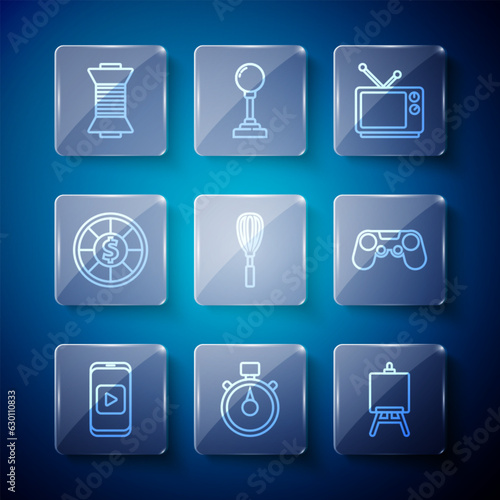 Set line Online play video, Stopwatch, Easel or painting art boards, Retro tv, Kitchen whisk, Casino chips, Sewing thread on spool and Gamepad icon. Vector