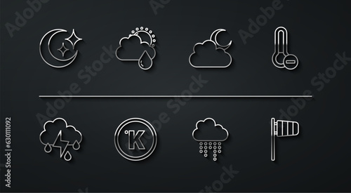 Set line Moon and stars, Cloud with rain lightning, Meteorology thermometer, Kelvin, sun, Cone windsock wind vane and moon icon. Vector