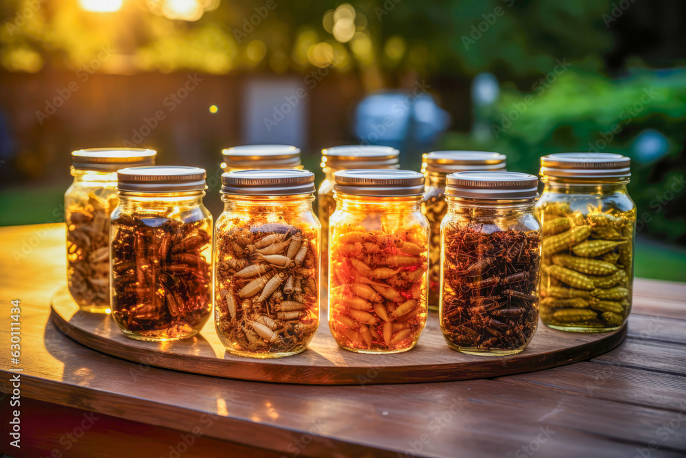 Selection of edible insects in glass jars on a rustic wooden table Selection of edible insects in glass jars on a rustic wooden table