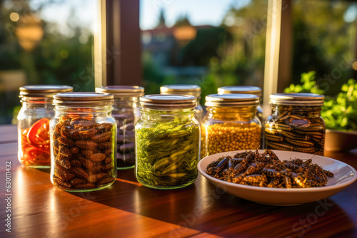 Selection of edible insects in glass jars on a rustic wooden table
