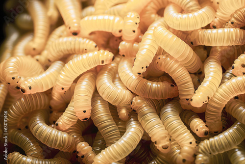 Waxworms on an edible insect farm close-up photo